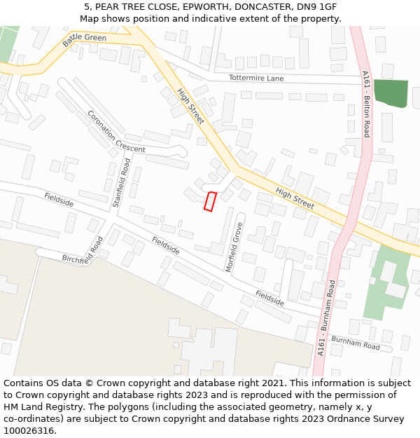 5, PEAR TREE CLOSE, EPWORTH, DONCASTER, DN9 1GF: Location map and indicative extent of plot