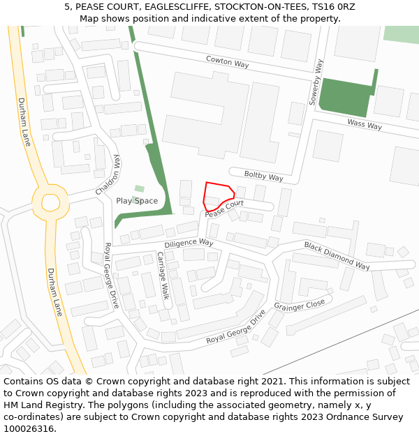 5, PEASE COURT, EAGLESCLIFFE, STOCKTON-ON-TEES, TS16 0RZ: Location map and indicative extent of plot