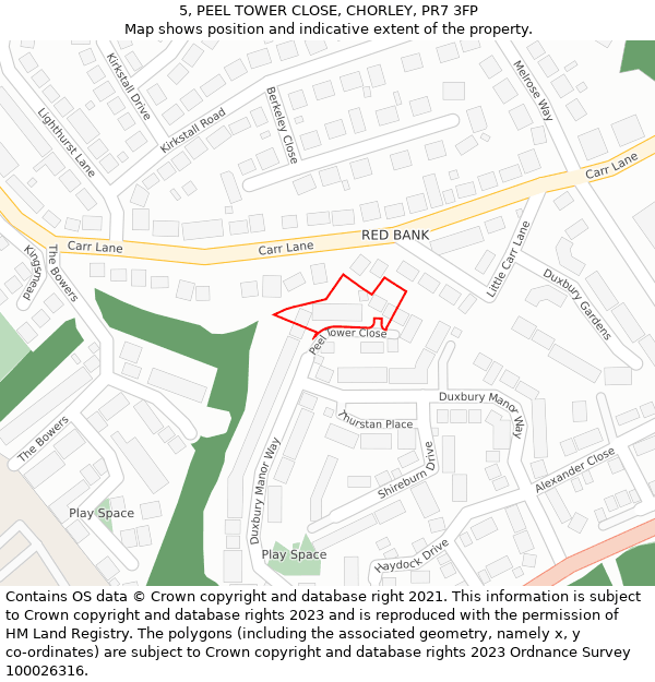 5, PEEL TOWER CLOSE, CHORLEY, PR7 3FP: Location map and indicative extent of plot