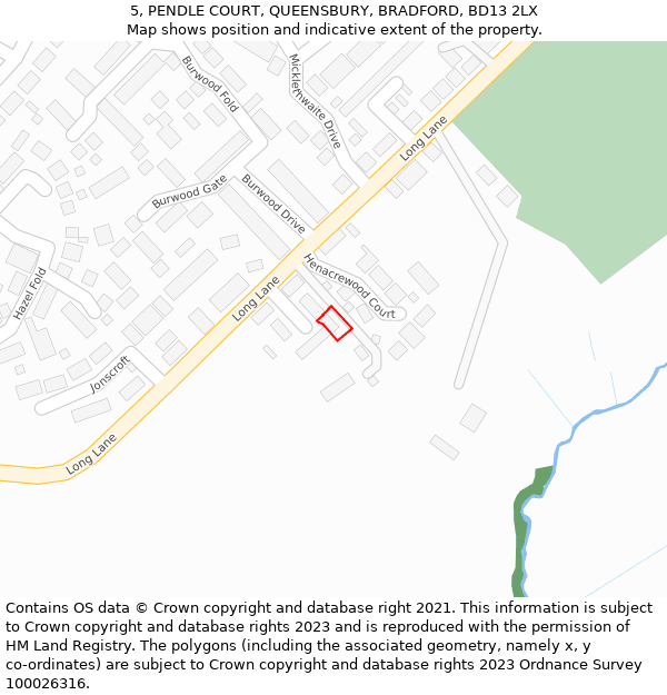 5, PENDLE COURT, QUEENSBURY, BRADFORD, BD13 2LX: Location map and indicative extent of plot