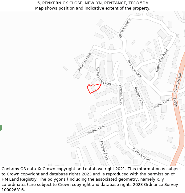 5, PENKERNICK CLOSE, NEWLYN, PENZANCE, TR18 5DA: Location map and indicative extent of plot