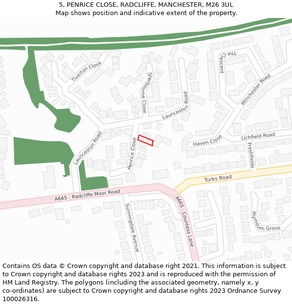 5, PENRICE CLOSE, RADCLIFFE, MANCHESTER, M26 3UL: Location map and indicative extent of plot