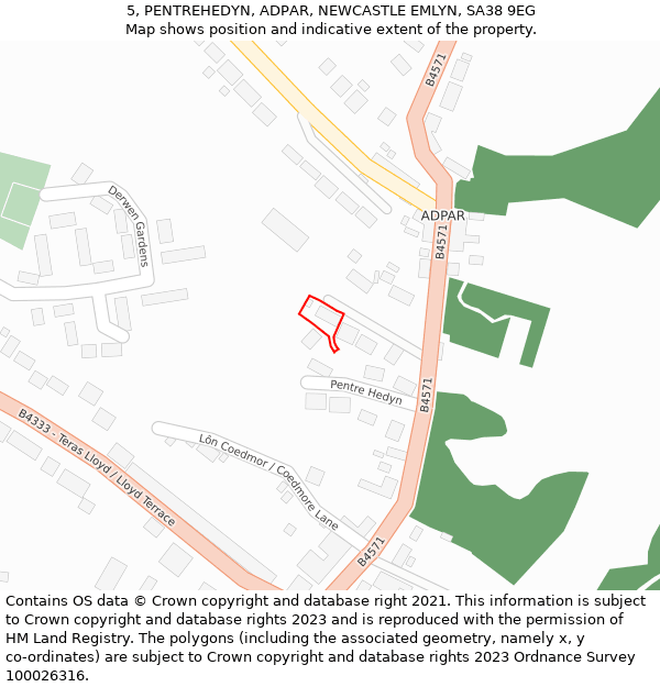 5, PENTREHEDYN, ADPAR, NEWCASTLE EMLYN, SA38 9EG: Location map and indicative extent of plot