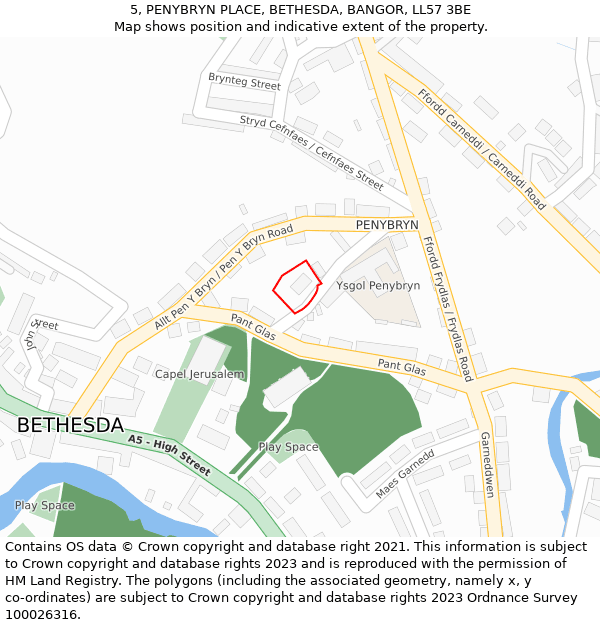 5, PENYBRYN PLACE, BETHESDA, BANGOR, LL57 3BE: Location map and indicative extent of plot