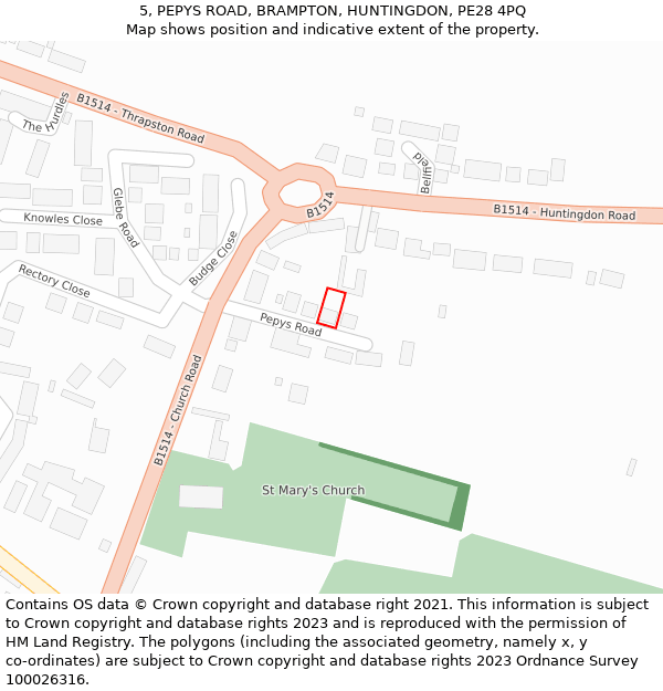 5, PEPYS ROAD, BRAMPTON, HUNTINGDON, PE28 4PQ: Location map and indicative extent of plot