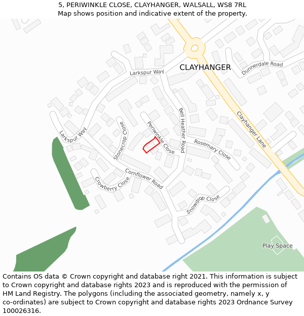 5, PERIWINKLE CLOSE, CLAYHANGER, WALSALL, WS8 7RL: Location map and indicative extent of plot