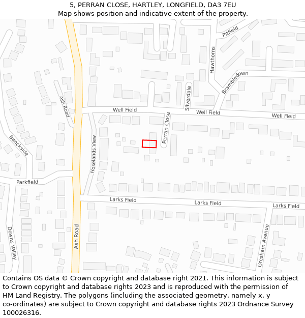 5, PERRAN CLOSE, HARTLEY, LONGFIELD, DA3 7EU: Location map and indicative extent of plot