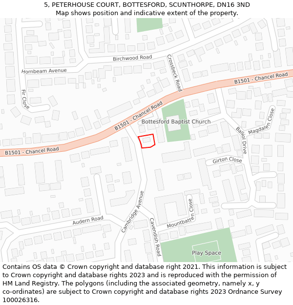 5, PETERHOUSE COURT, BOTTESFORD, SCUNTHORPE, DN16 3ND: Location map and indicative extent of plot