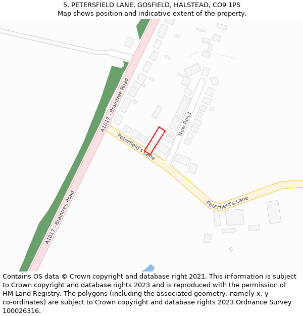 5, PETERSFIELD LANE, GOSFIELD, HALSTEAD, CO9 1PS: Location map and indicative extent of plot