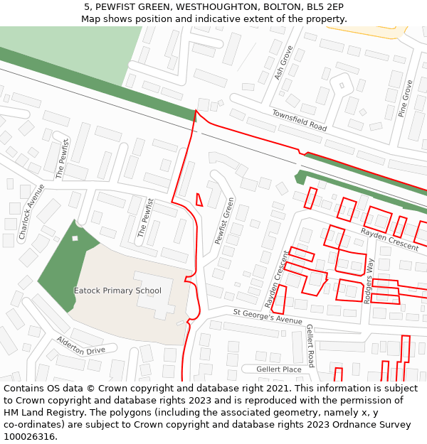 5, PEWFIST GREEN, WESTHOUGHTON, BOLTON, BL5 2EP: Location map and indicative extent of plot