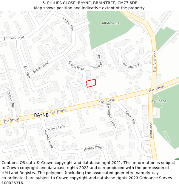 5, PHILIPS CLOSE, RAYNE, BRAINTREE, CM77 6DB: Location map and indicative extent of plot