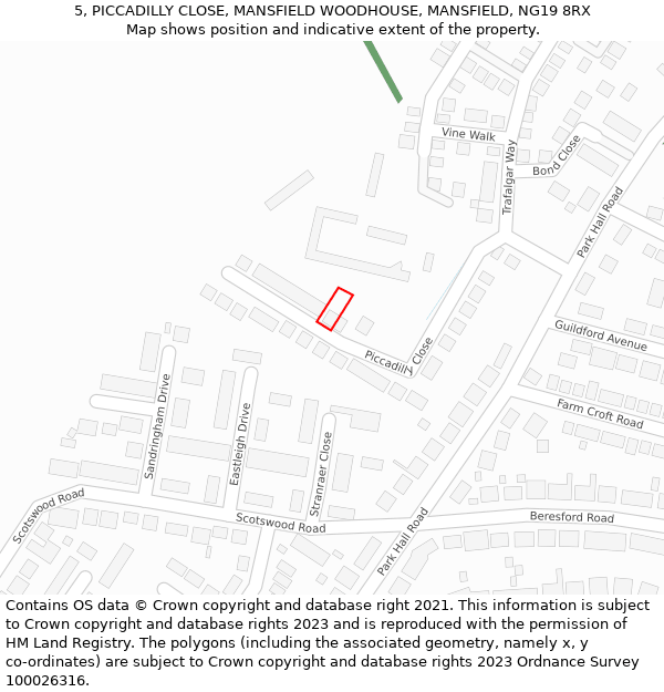 5, PICCADILLY CLOSE, MANSFIELD WOODHOUSE, MANSFIELD, NG19 8RX: Location map and indicative extent of plot