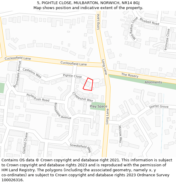 5, PIGHTLE CLOSE, MULBARTON, NORWICH, NR14 8GJ: Location map and indicative extent of plot