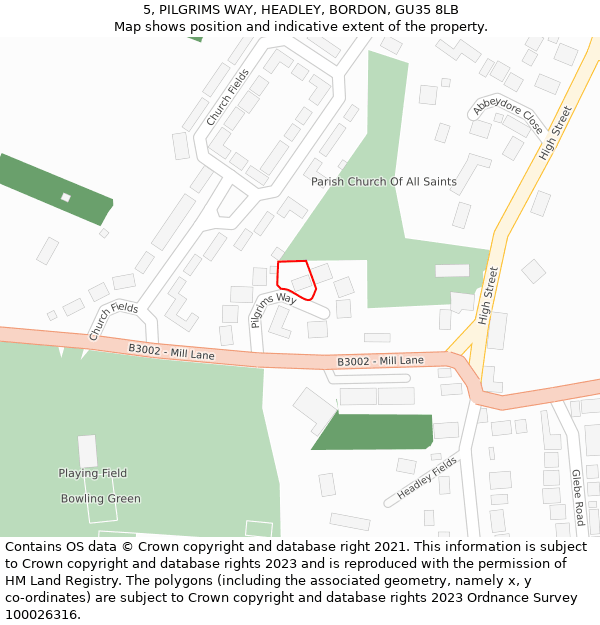 5, PILGRIMS WAY, HEADLEY, BORDON, GU35 8LB: Location map and indicative extent of plot