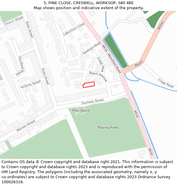 5, PINE CLOSE, CRESWELL, WORKSOP, S80 4BE: Location map and indicative extent of plot