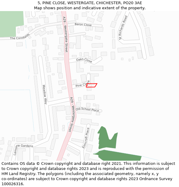 5, PINE CLOSE, WESTERGATE, CHICHESTER, PO20 3AE: Location map and indicative extent of plot