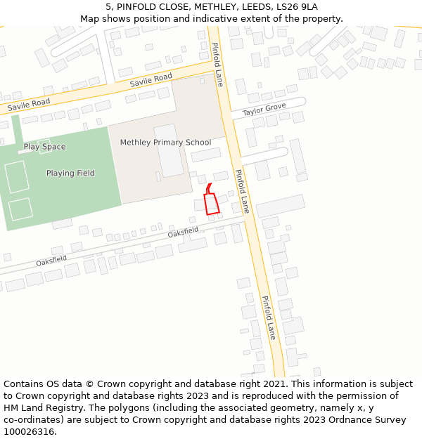 5, PINFOLD CLOSE, METHLEY, LEEDS, LS26 9LA: Location map and indicative extent of plot