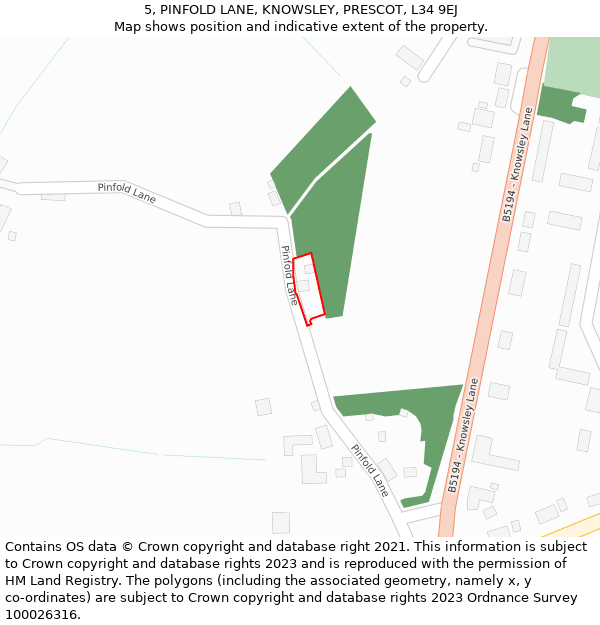 5, PINFOLD LANE, KNOWSLEY, PRESCOT, L34 9EJ: Location map and indicative extent of plot