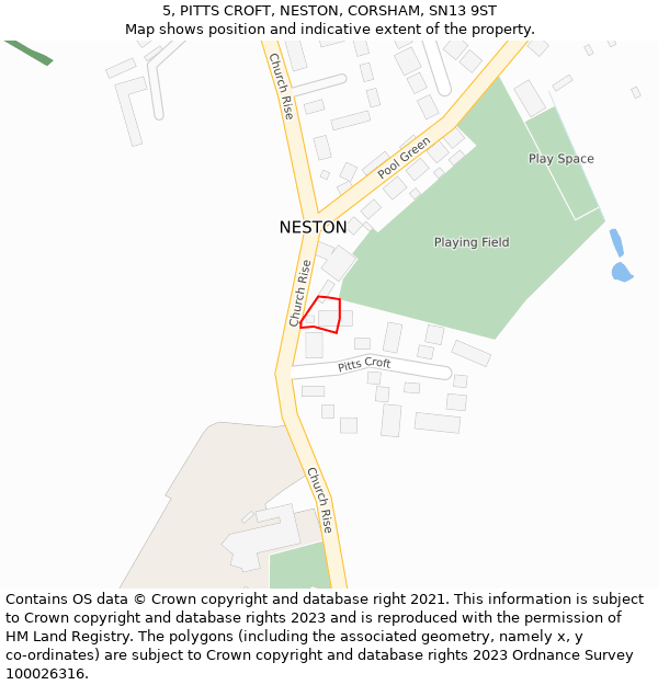 5, PITTS CROFT, NESTON, CORSHAM, SN13 9ST: Location map and indicative extent of plot