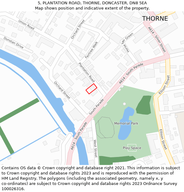 5, PLANTATION ROAD, THORNE, DONCASTER, DN8 5EA: Location map and indicative extent of plot