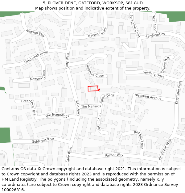 5, PLOVER DENE, GATEFORD, WORKSOP, S81 8UD: Location map and indicative extent of plot