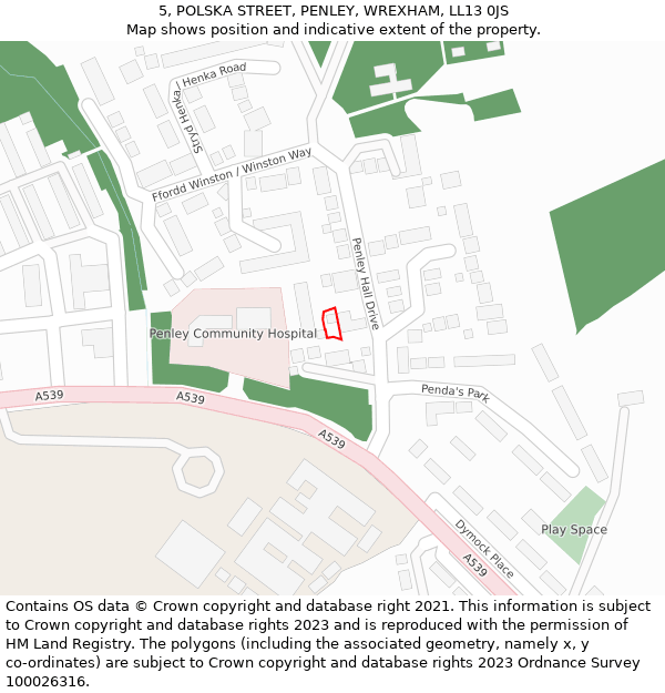 5, POLSKA STREET, PENLEY, WREXHAM, LL13 0JS: Location map and indicative extent of plot