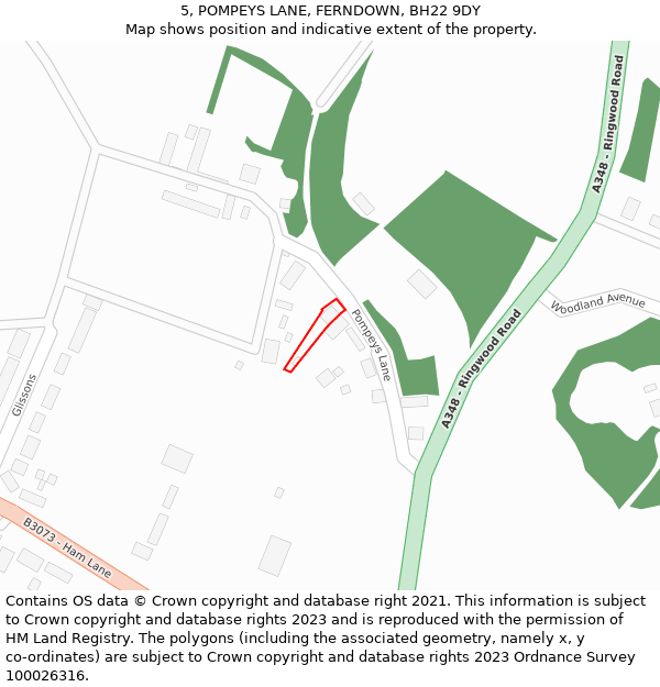 5, POMPEYS LANE, FERNDOWN, BH22 9DY: Location map and indicative extent of plot