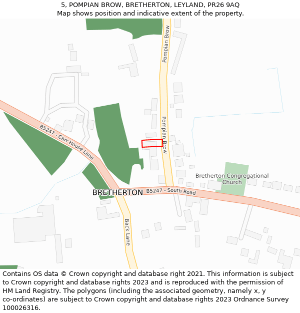 5, POMPIAN BROW, BRETHERTON, LEYLAND, PR26 9AQ: Location map and indicative extent of plot