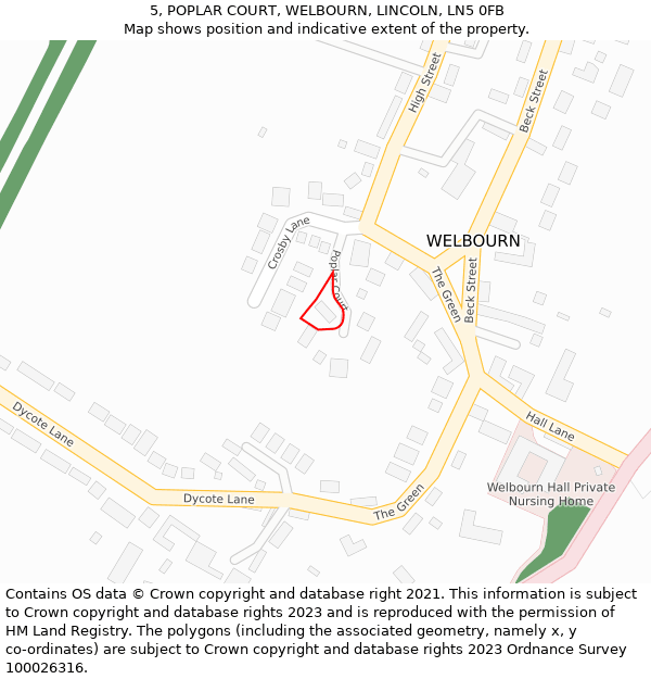 5, POPLAR COURT, WELBOURN, LINCOLN, LN5 0FB: Location map and indicative extent of plot