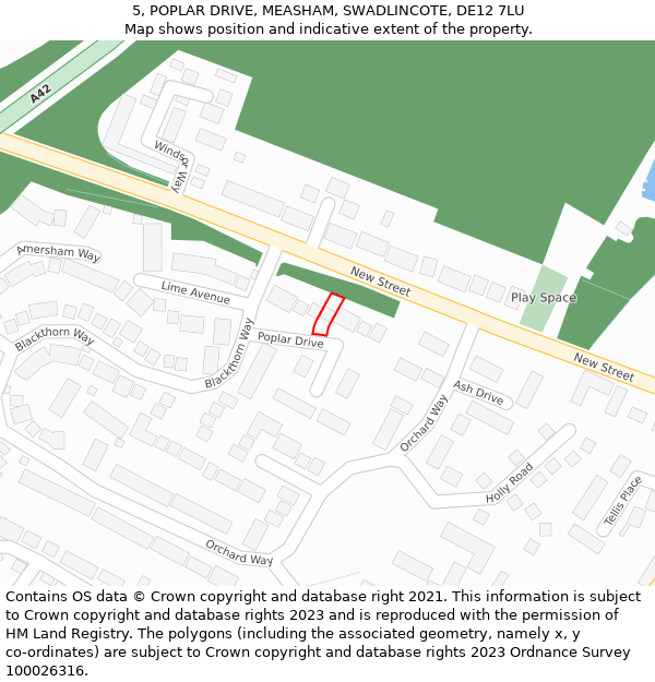 5, POPLAR DRIVE, MEASHAM, SWADLINCOTE, DE12 7LU: Location map and indicative extent of plot