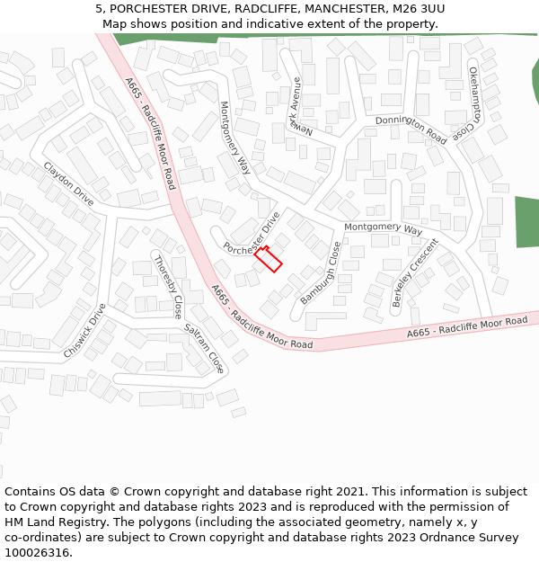 5, PORCHESTER DRIVE, RADCLIFFE, MANCHESTER, M26 3UU: Location map and indicative extent of plot