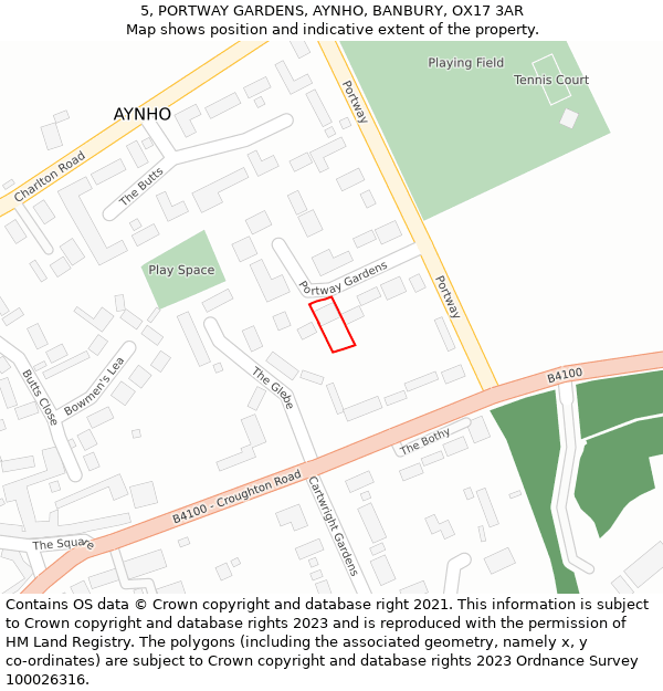 5, PORTWAY GARDENS, AYNHO, BANBURY, OX17 3AR: Location map and indicative extent of plot