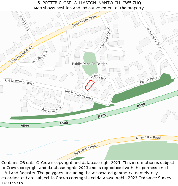 5, POTTER CLOSE, WILLASTON, NANTWICH, CW5 7HQ: Location map and indicative extent of plot