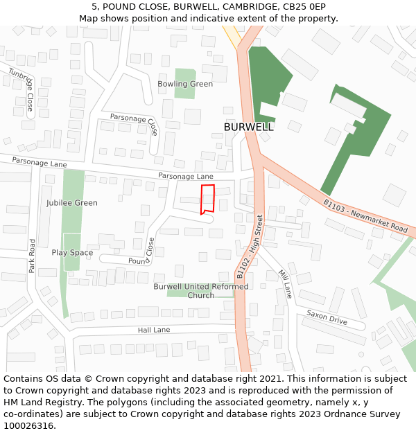 5, POUND CLOSE, BURWELL, CAMBRIDGE, CB25 0EP: Location map and indicative extent of plot