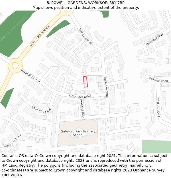 5, POWELL GARDENS, WORKSOP, S81 7RP: Location map and indicative extent of plot