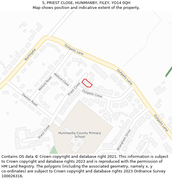 5, PRIEST CLOSE, HUNMANBY, FILEY, YO14 0QH: Location map and indicative extent of plot