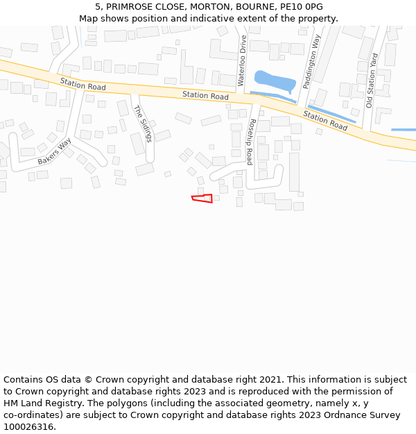 5, PRIMROSE CLOSE, MORTON, BOURNE, PE10 0PG: Location map and indicative extent of plot