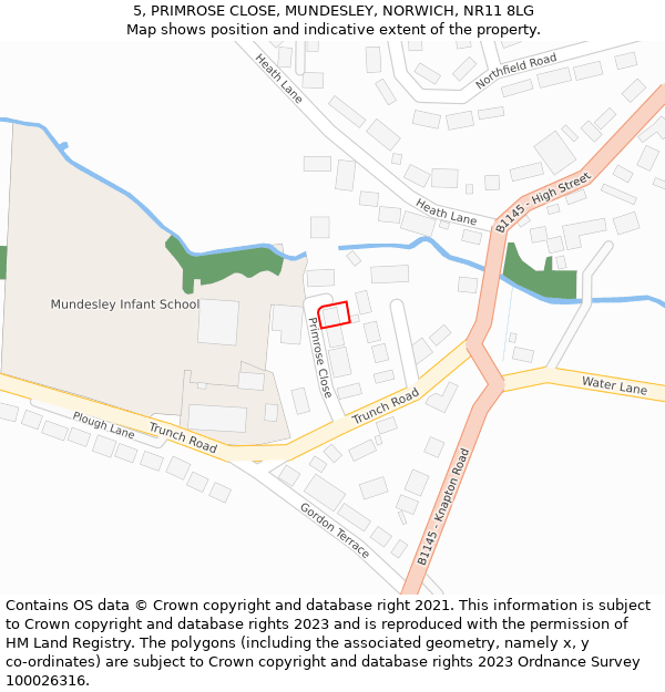 5, PRIMROSE CLOSE, MUNDESLEY, NORWICH, NR11 8LG: Location map and indicative extent of plot