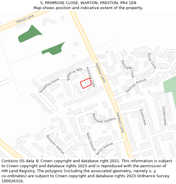5, PRIMROSE CLOSE, WARTON, PRESTON, PR4 1EN: Location map and indicative extent of plot