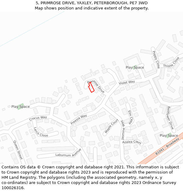 5, PRIMROSE DRIVE, YAXLEY, PETERBOROUGH, PE7 3WD: Location map and indicative extent of plot