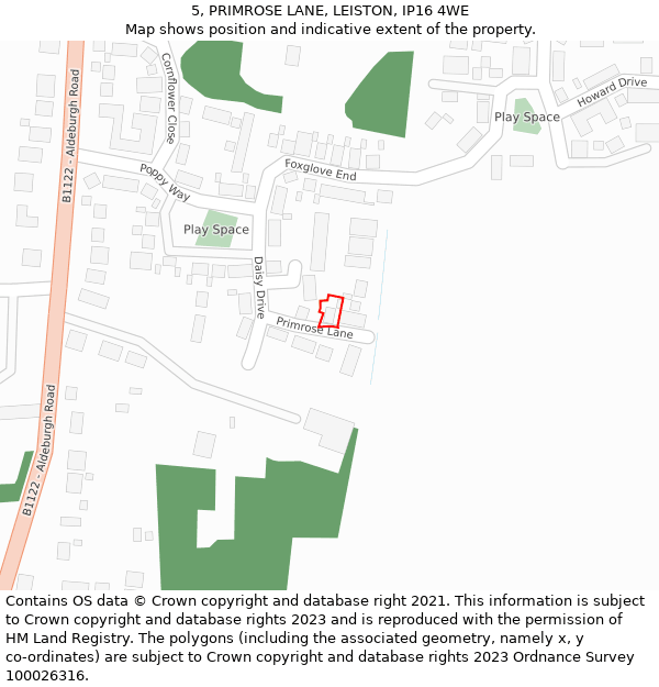 5, PRIMROSE LANE, LEISTON, IP16 4WE: Location map and indicative extent of plot