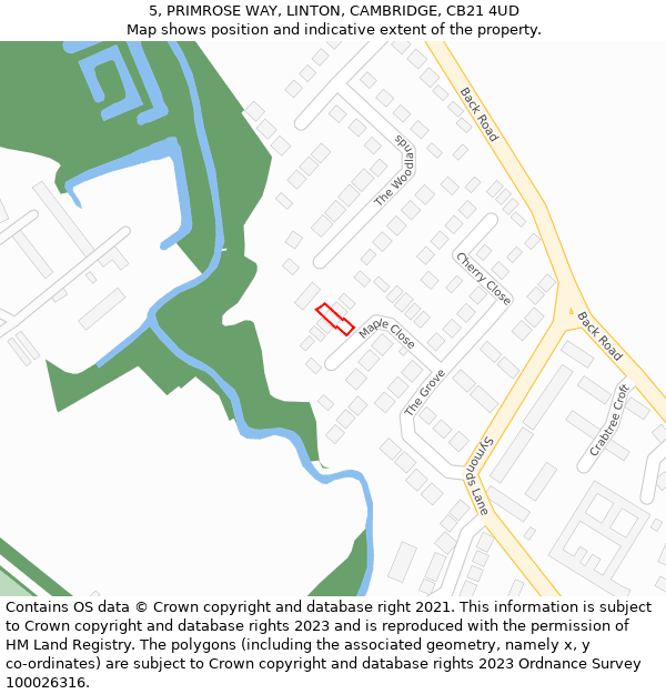 5, PRIMROSE WAY, LINTON, CAMBRIDGE, CB21 4UD: Location map and indicative extent of plot