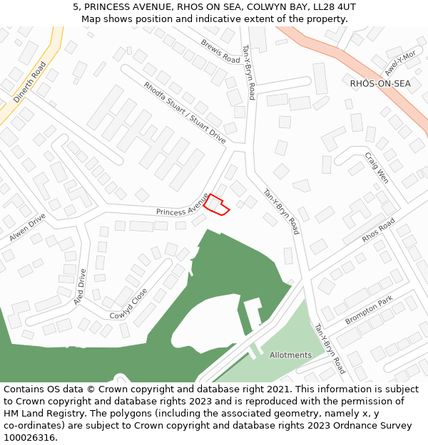 5, PRINCESS AVENUE, RHOS ON SEA, COLWYN BAY, LL28 4UT: Location map and indicative extent of plot