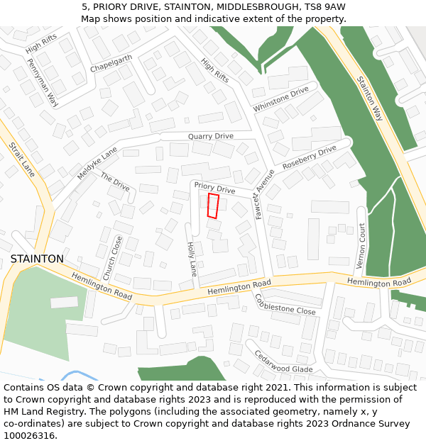 5, PRIORY DRIVE, STAINTON, MIDDLESBROUGH, TS8 9AW: Location map and indicative extent of plot