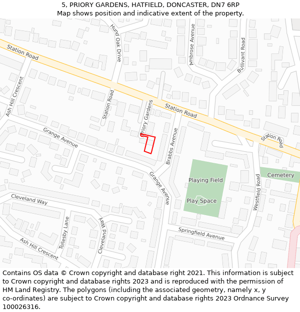 5, PRIORY GARDENS, HATFIELD, DONCASTER, DN7 6RP: Location map and indicative extent of plot