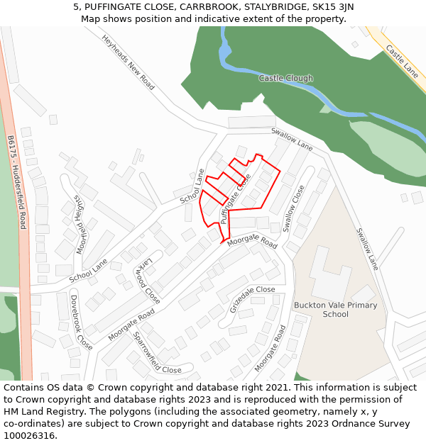 5, PUFFINGATE CLOSE, CARRBROOK, STALYBRIDGE, SK15 3JN: Location map and indicative extent of plot