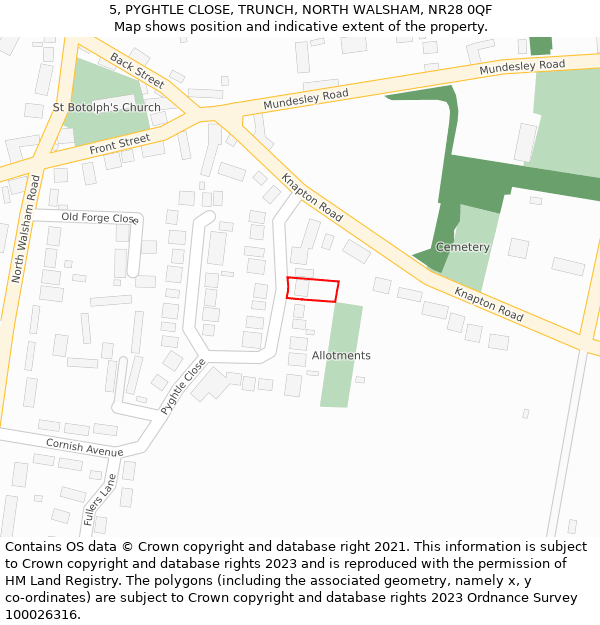 5, PYGHTLE CLOSE, TRUNCH, NORTH WALSHAM, NR28 0QF: Location map and indicative extent of plot