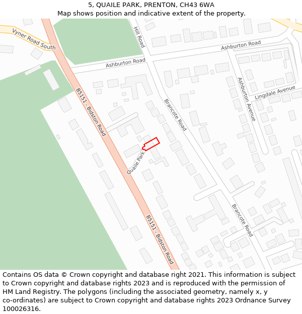 5, QUAILE PARK, PRENTON, CH43 6WA: Location map and indicative extent of plot