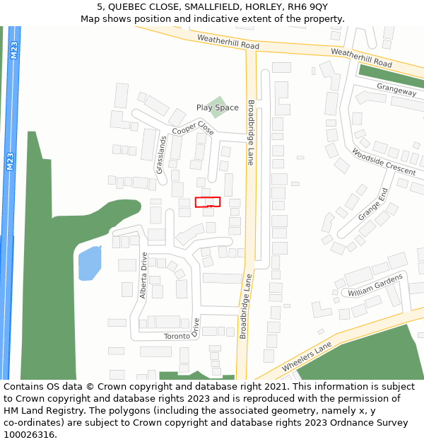 5, QUEBEC CLOSE, SMALLFIELD, HORLEY, RH6 9QY: Location map and indicative extent of plot