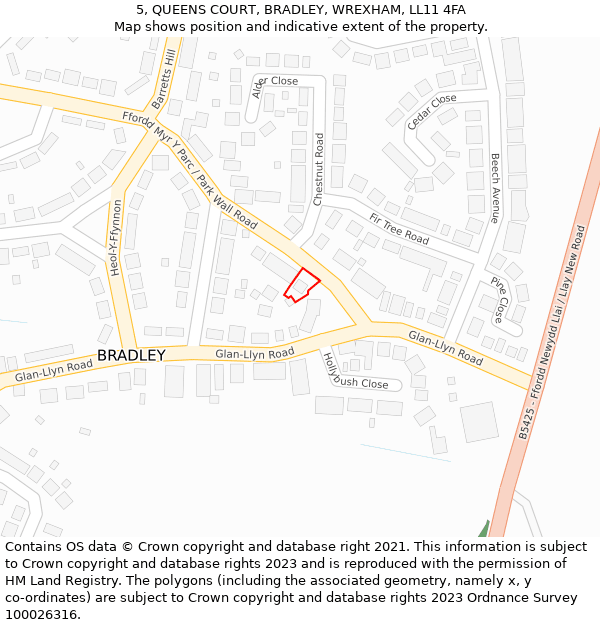 5, QUEENS COURT, BRADLEY, WREXHAM, LL11 4FA: Location map and indicative extent of plot